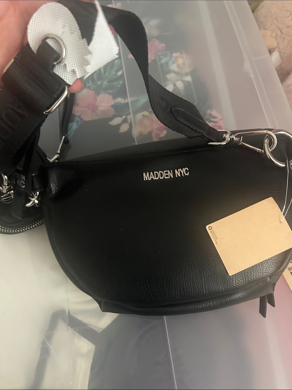 Black Rhinestone Accent Crossbody Belt Bag with Mini Pouch - Picture 4 of 4